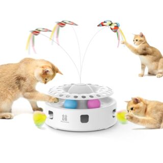 Cat Toys 3in1 Automatic Interactive Kitten Toy, Fluttering Butterfly, Moving Ambush Feather, Track Balls, Dual Power Supplies