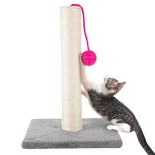 Cat Scratching Post - Sisal Rope and Carpet Scratching Pole with Bright Pink Hanging Ball Toy for Adult Cats and Kittens