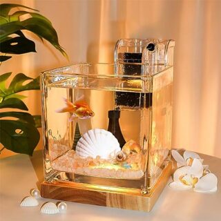 SARUFO 0.81Gallon Fish Tank Kit Desk Aquarium Set Small Glass for Kids Beginner Square Betta Fish Bowl with Wooden Base LED Light