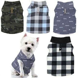 4 Pieces Winter Fabric Dog Sweater with Leash Ring Soft Fleece Vest Dog Clothes Plaid Camouflage Warm