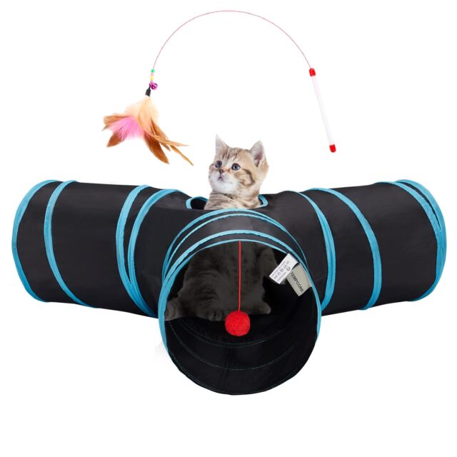 Pet Cat Tunnel Tube Toys 3 Way Collapsible, Tunnels for Indoor Cats，Kitty Bored Peek Hole Toy Ball Cat, Puppy, Kitty, Kitten, Rabbit