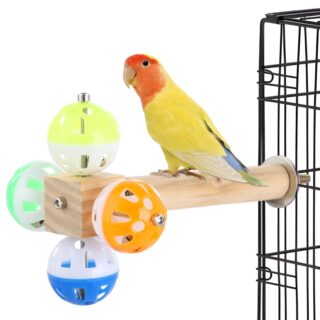 Bird Perch Toy with Rotating Balls, Wood Perch for Bird Cages, 360° Colorful Rotating Balls with Crisp Bells
