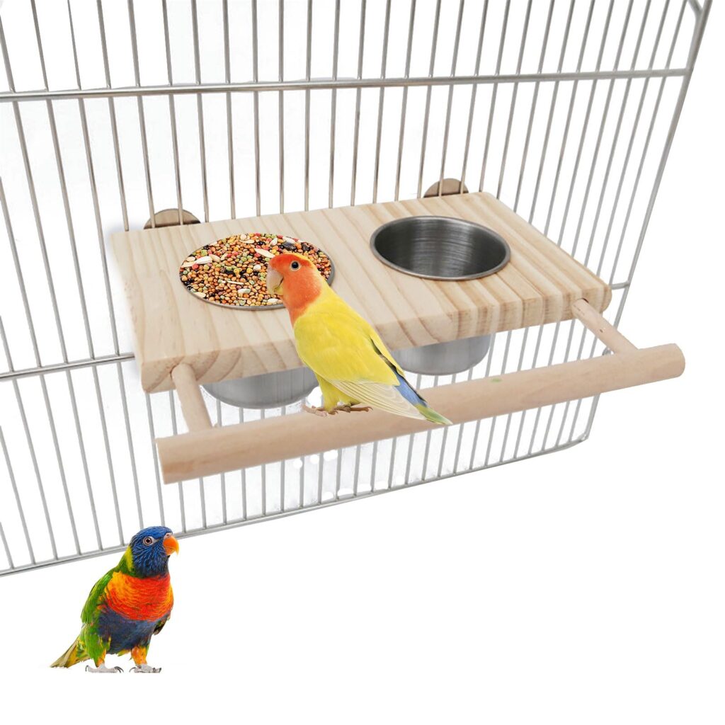 Parrot Feeding Dish, Natural Wooden Bird Platform With Stainless Steel ...