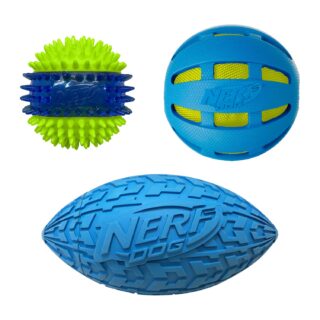 Nerf Dog Three Toy Gift Set, Crunch Ball, Spike LED Squeak Ball, and Squeak Football Gift Set