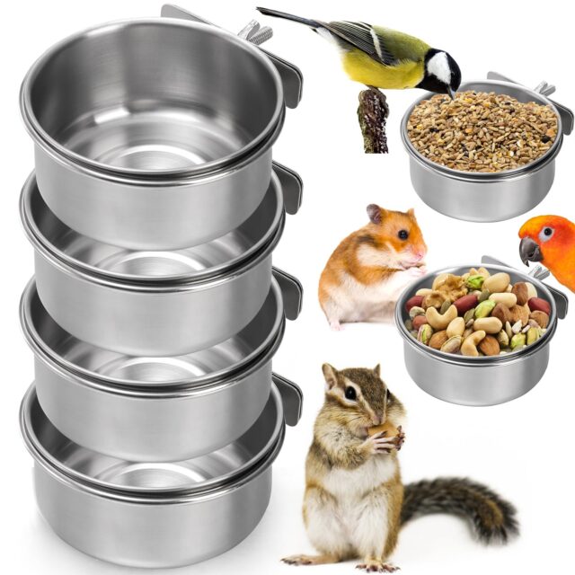 4 Pack Bird Feeding Dish Cups, Detachable Stainless Steel Bird Food Bowls with Clamp