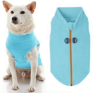 Zip Up Fleece Dog Sweater - Turquoise, Large - Warm Pullover Fleece Step-in Dog Jacket with Dual D Ring Leash