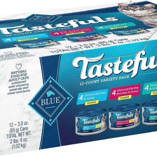 Blue Buffalo Tastefuls Natural Flaked Wet Cat Food Variety Pack, Tuna, Chicken, Fish & Shrimp Entrées in Gravy 3-oz Cans