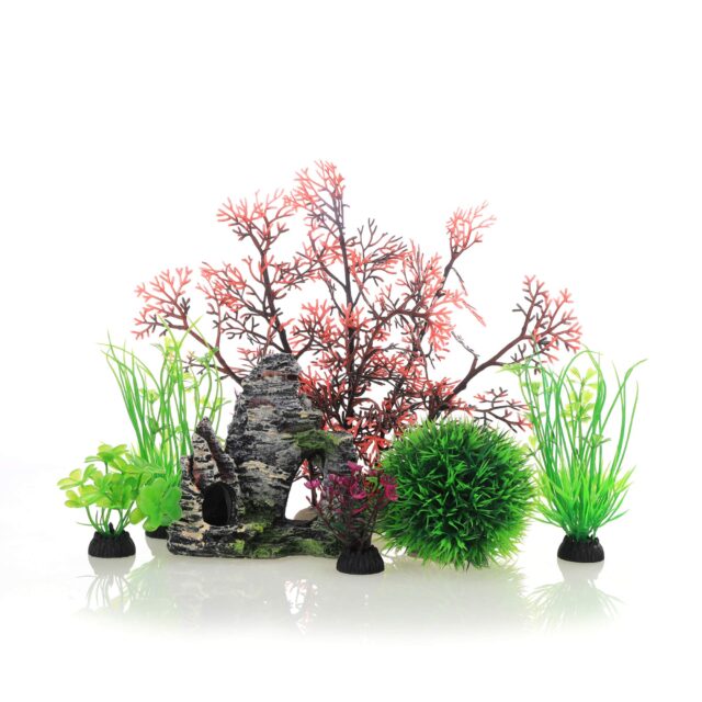 Aquarium Fish Tank, Plastic, Decorations Decor Set 7 Pieces, Small and Large Artificial Fish Tank Plants