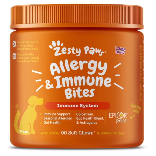 Zesty Paws Allergy, Immune Supplement for Dogs - for Seasonal Allergies, Immunity Pet Skin Health; Digestion - Dog Soft Chews with Omega 3 Salmon Fish Oil