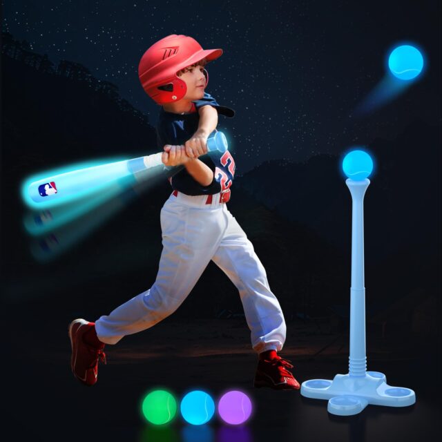 Leshein LED Tball Set for Toddlers 3-5, 5-8, Light up Tee Ball Set for Toddlers, Glow in The Dark T Ball Sets for Kids 3-5, Kids Outdoor Toys Sports Toys, Baseball Toys Gifts for Boys Girls (Blue)