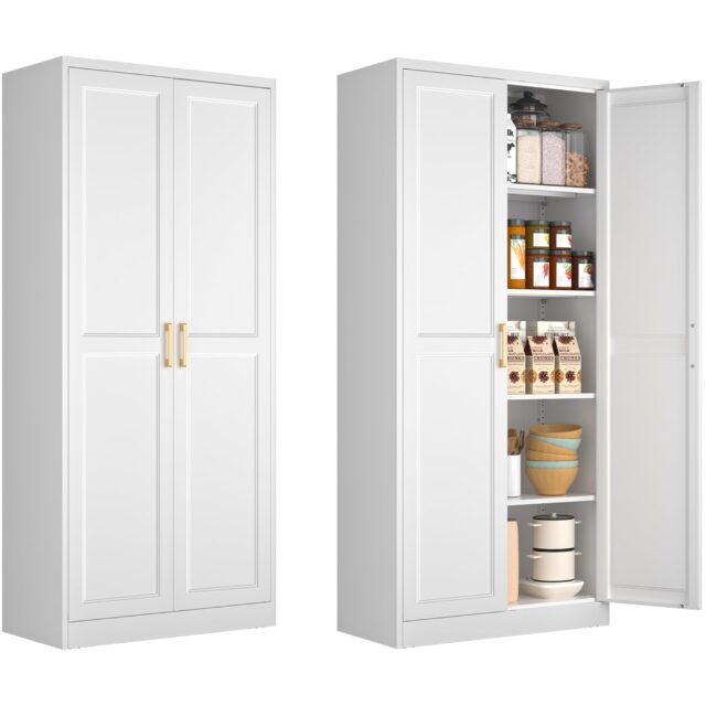 Polup White Kitchen Pantry Cabinet, Pantry Storage Cabinet with Doors and Adjustable Shelves, Metal Food Pantry Cabinets with Handle, 71" Tall Freestanding Cupboard for Living Room-Assemble Required