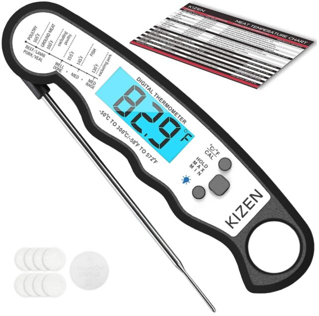 Kizen Instant Read Meat Thermometer Digital - Food Thermometer for Cooking, Grill, Oven, BBQ - Waterproof and Backlit Display - Kitchen Gadgets
