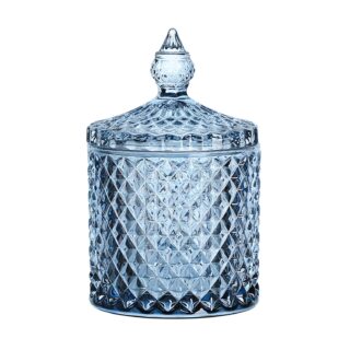 Sizikato Diamond Faceted Crystal Glass Candy Jar with Lid, Blue Decorative Jar, Jewelry Box, Cotton Swab Storage Holder.