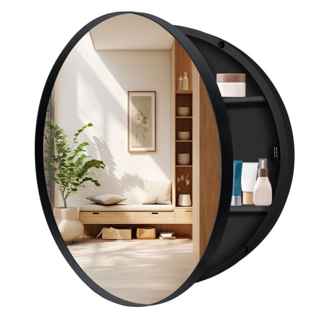 24 Inch Round Medicine Cabinet with Mirror,Farmhouse Black Bathroom Medicine Cabinet for Wall Metal Framed, Surface Mount Only Circular Storage Cabinet with Vanity Mirror