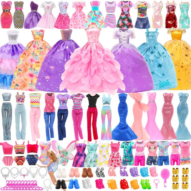 57 PCS Doll Clothes and Accessories 3 Wedding Gowns 3 Tops 3 Pants 3 Fashion Dresses 1 Evening Dresses 2 Swimsuits Bikini 6 Braces Skirt 10 Hangers 15 Shoes and 14 Accessories Toys for 11.5 inch Doll