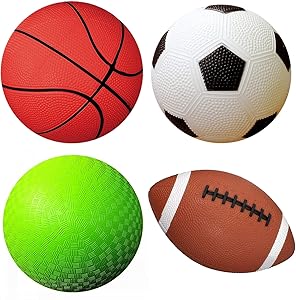 AppleRound Pack of 4 Sports Balls with 1 Pump for Toddlers and Kids: 1 Each of 5-Inch Soccer Ball, 5-Inch Basketball, 5-Inch Playground Ball, and 6.5-Inch Football