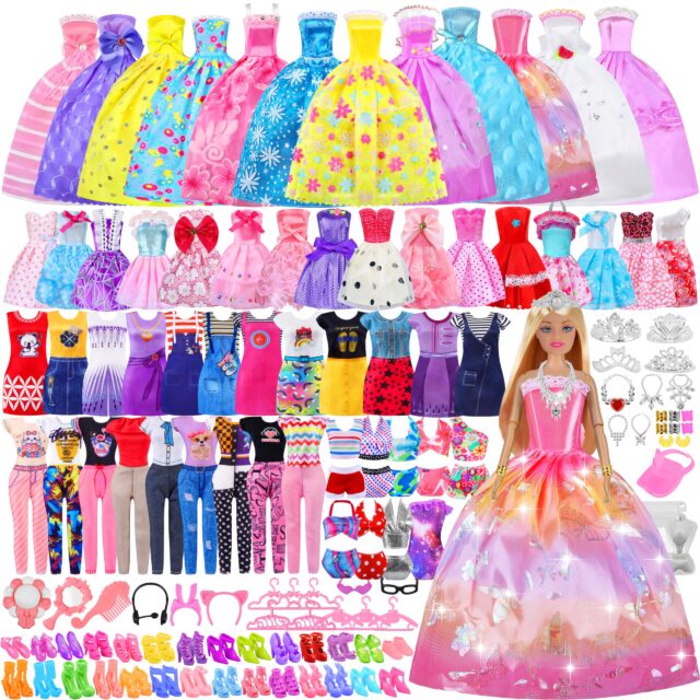 79 Pcs Doll Clothes and Accessories with Doll, Princess Gowns, Fashion Dresses, Slip Dresses, Top, Pants, Jumpsuit, Swimsuits, Shoes, Hangers, Doll Dress up Toys for Girls Kids Toddlers Toy Gifts