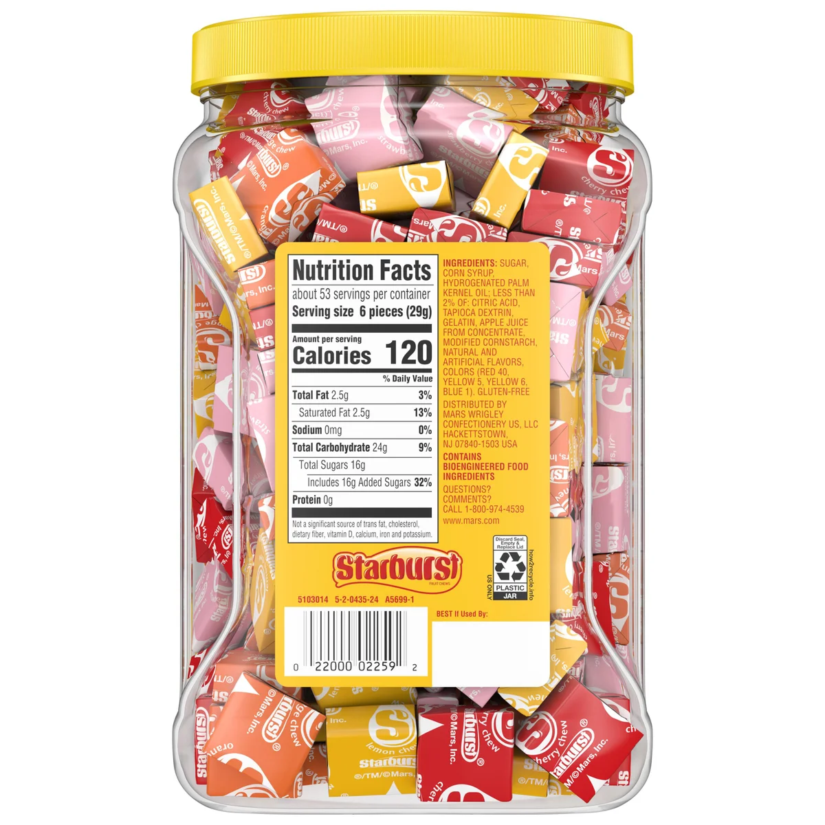 Starburst fruit candy original flavors 54oz bulk tub open showing individually wrapped chews
